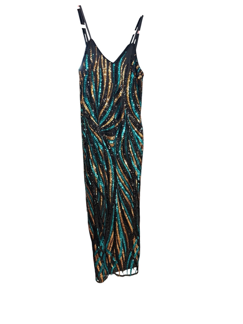 VENUS Homecoming Prom Black Maxi Sequin Dress with Teal & Gold Wave Design sz 8